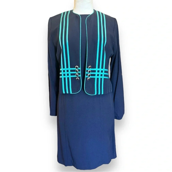 Vintage 80s 90s 2 Piece Dress Suit Set Office Blazer Jacket Dress Set - Picture 6 of 16